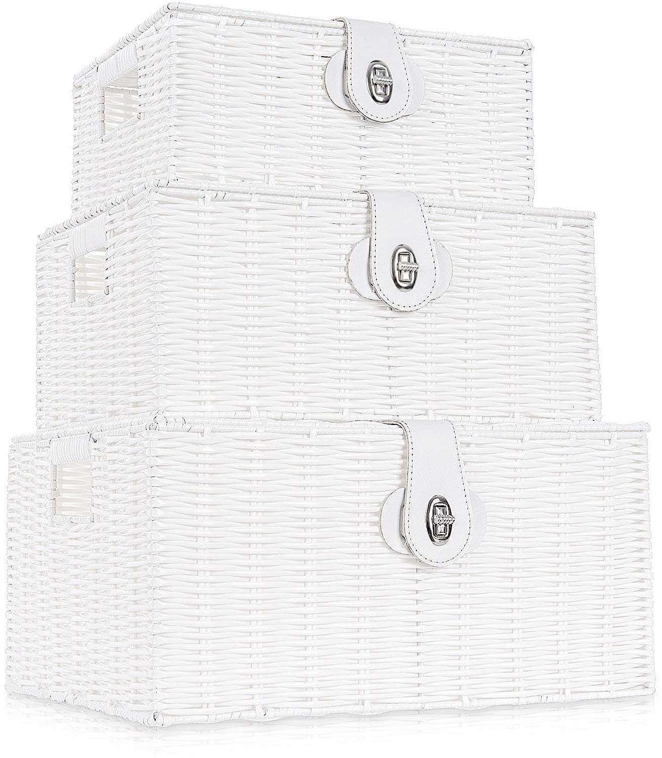 Set of 3 Woven Wicker Storage Baskets with Lid & Lock