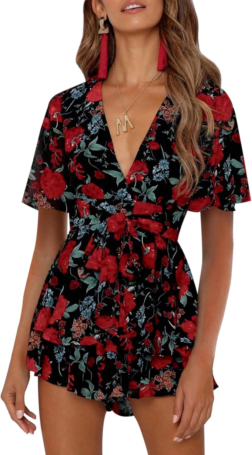 AIMCOO Women's Floral Print Deep V-Neck Romper for Summer