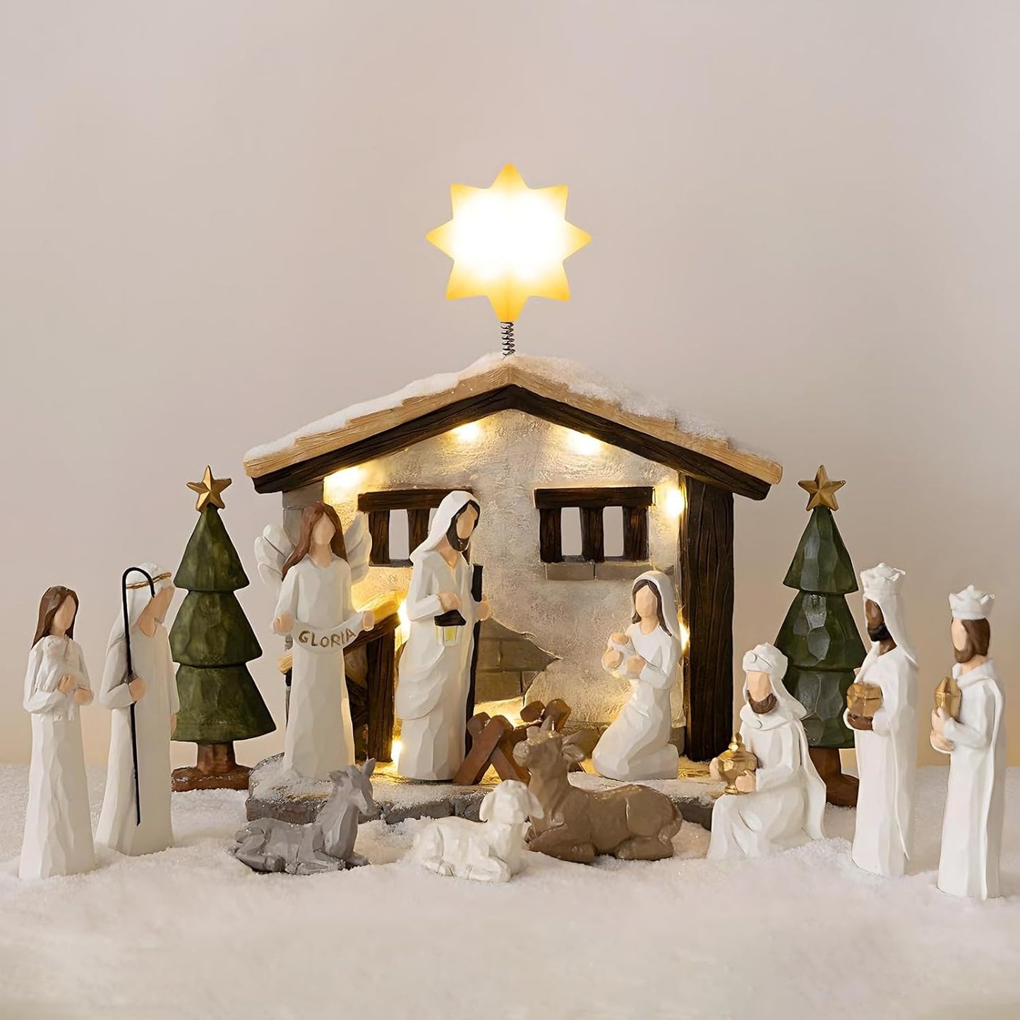 Nativity Set Indoor 15 Pieces Christmas Scene with LED Star