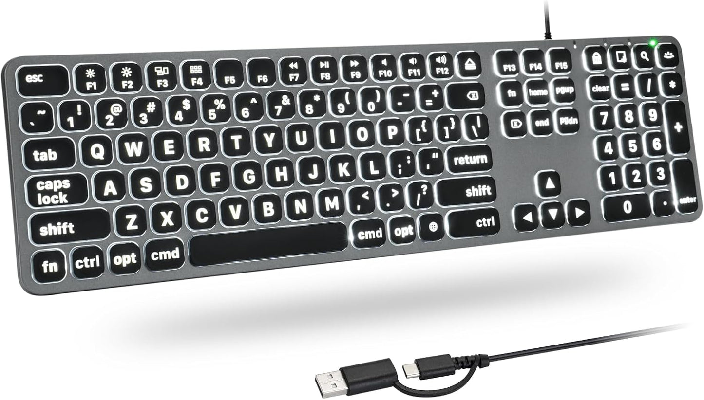 Backlit Wired Keyboard for Mac with Large Print and Dual Interface
