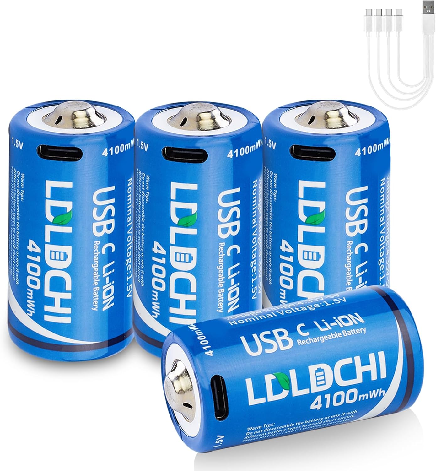 4100mWh 1.5V Rechargeable C Batteries 4-Pack + 4-in-1 Cable