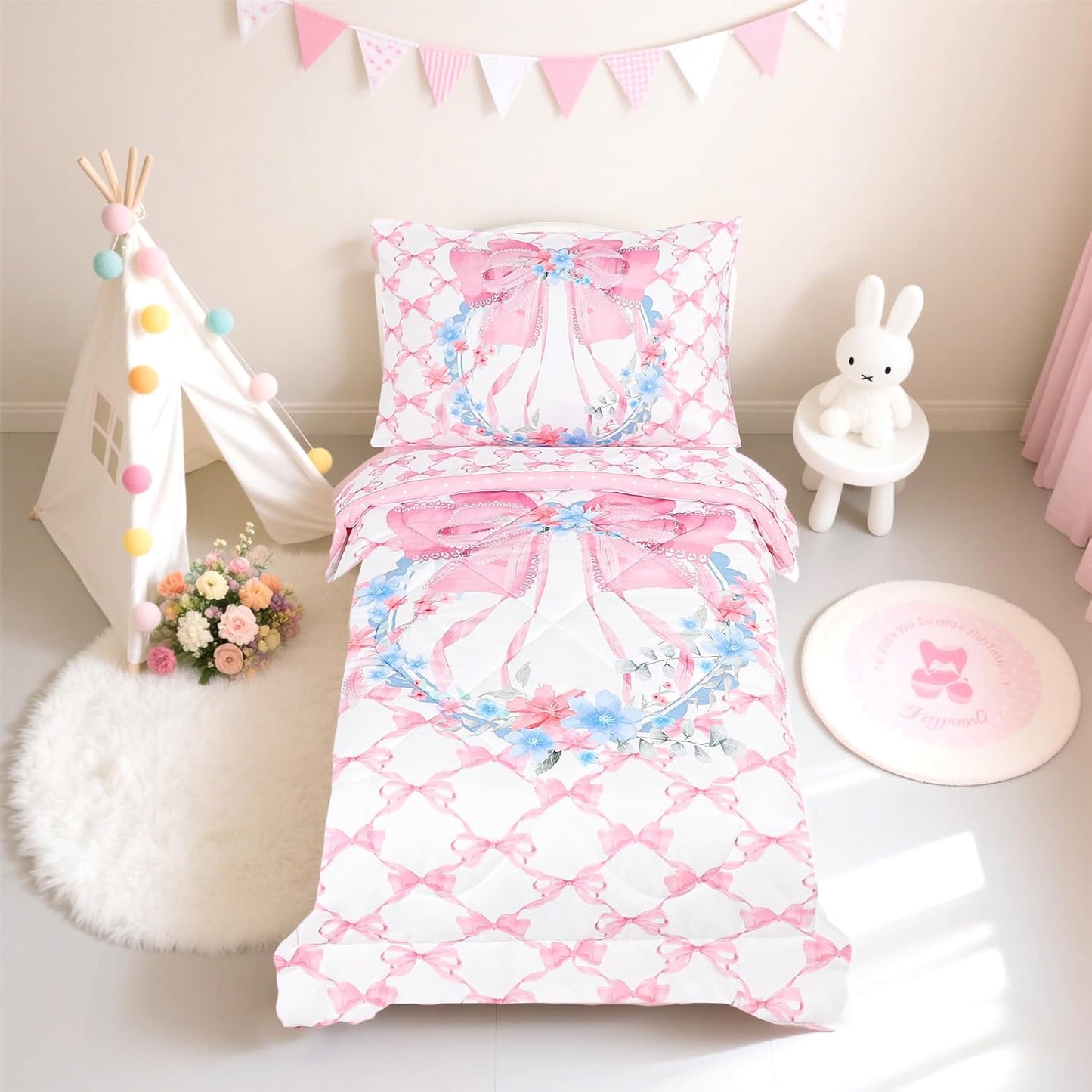 Toddler Bedding Set for Girls with Cute Bow and Floral Design