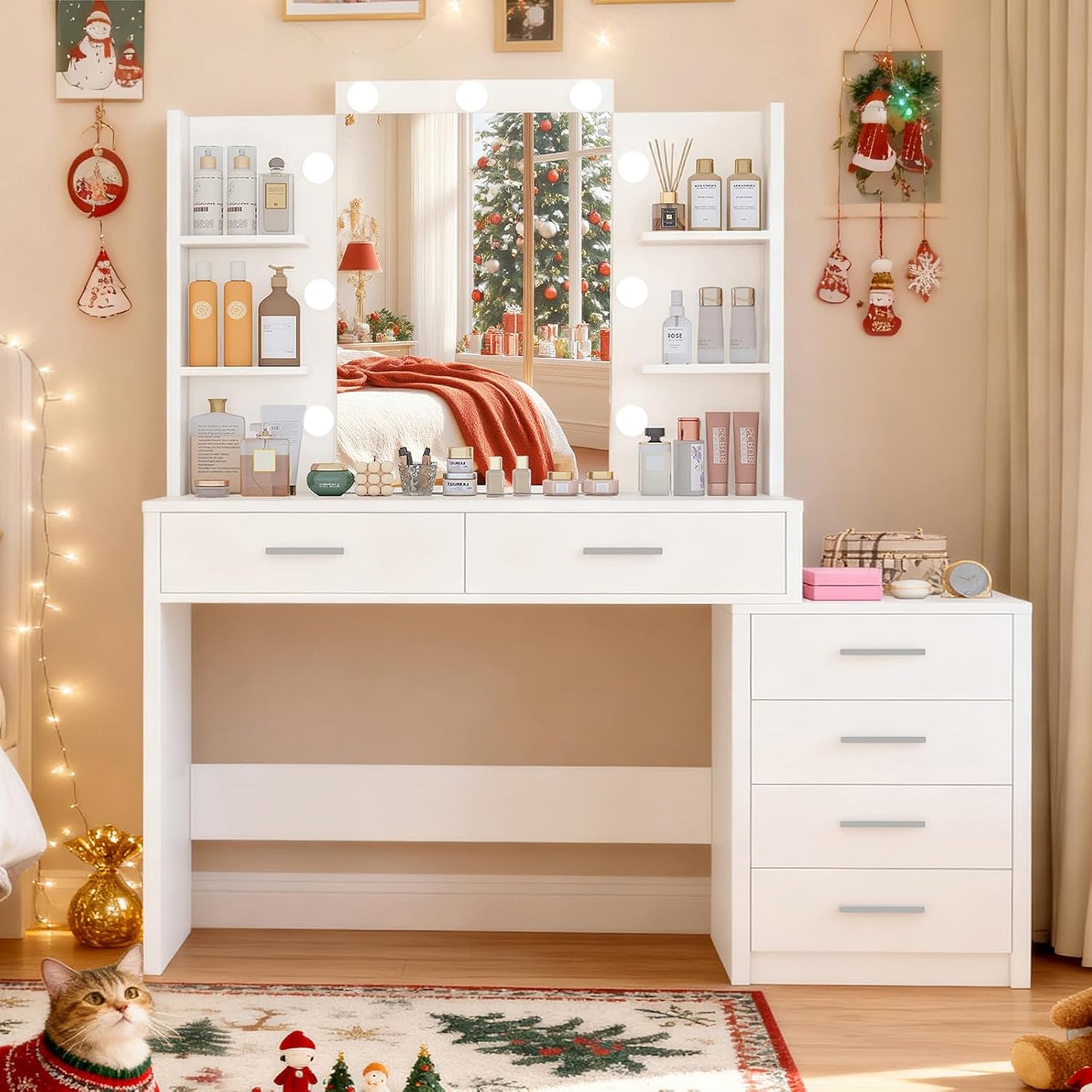 Quimoo 43.3 W Vanity Desk with Mirror and LED Lights for Makeup