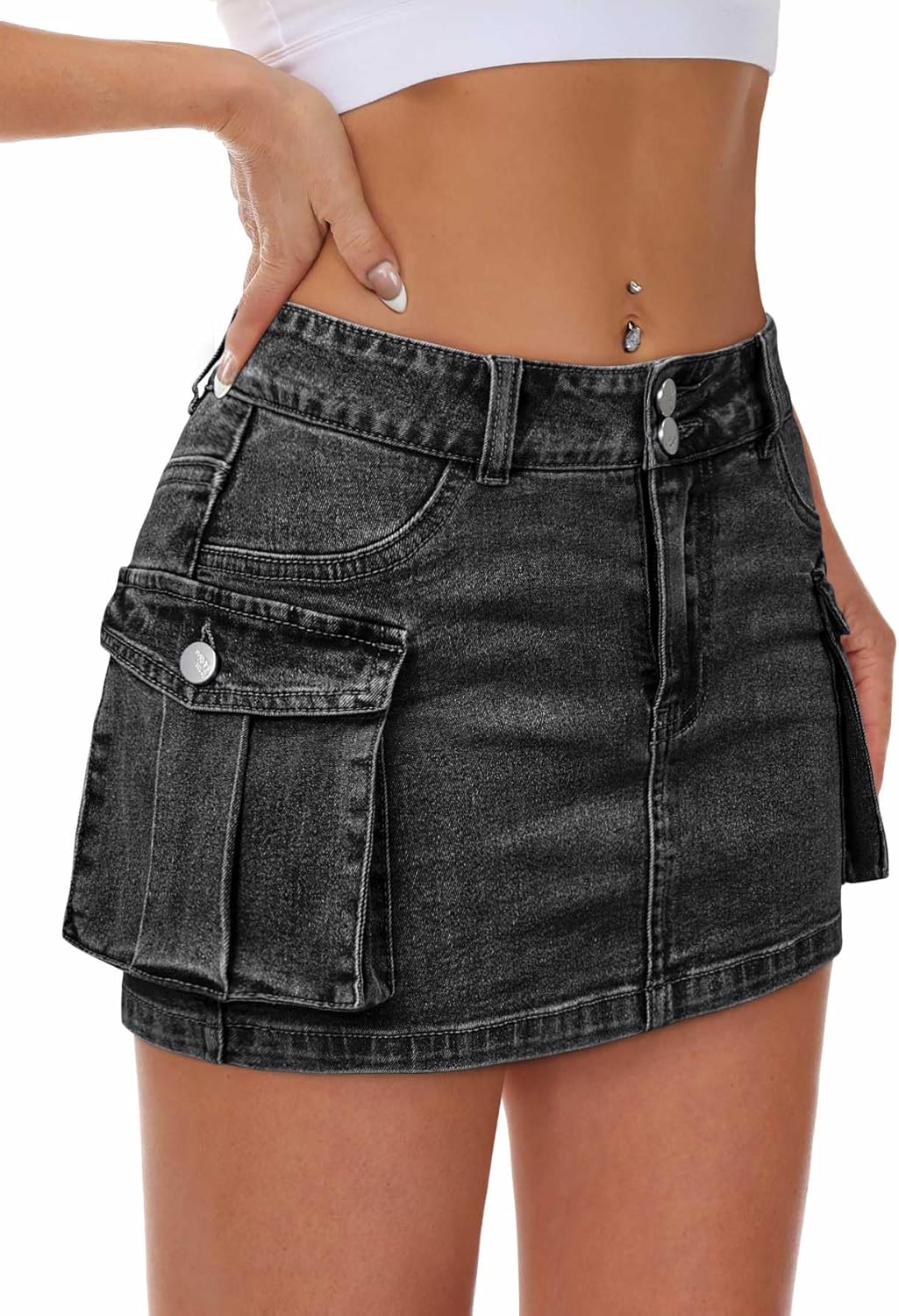 Women Denim Cargo Skirt Mini Low Waist Y2K Style with Pockets