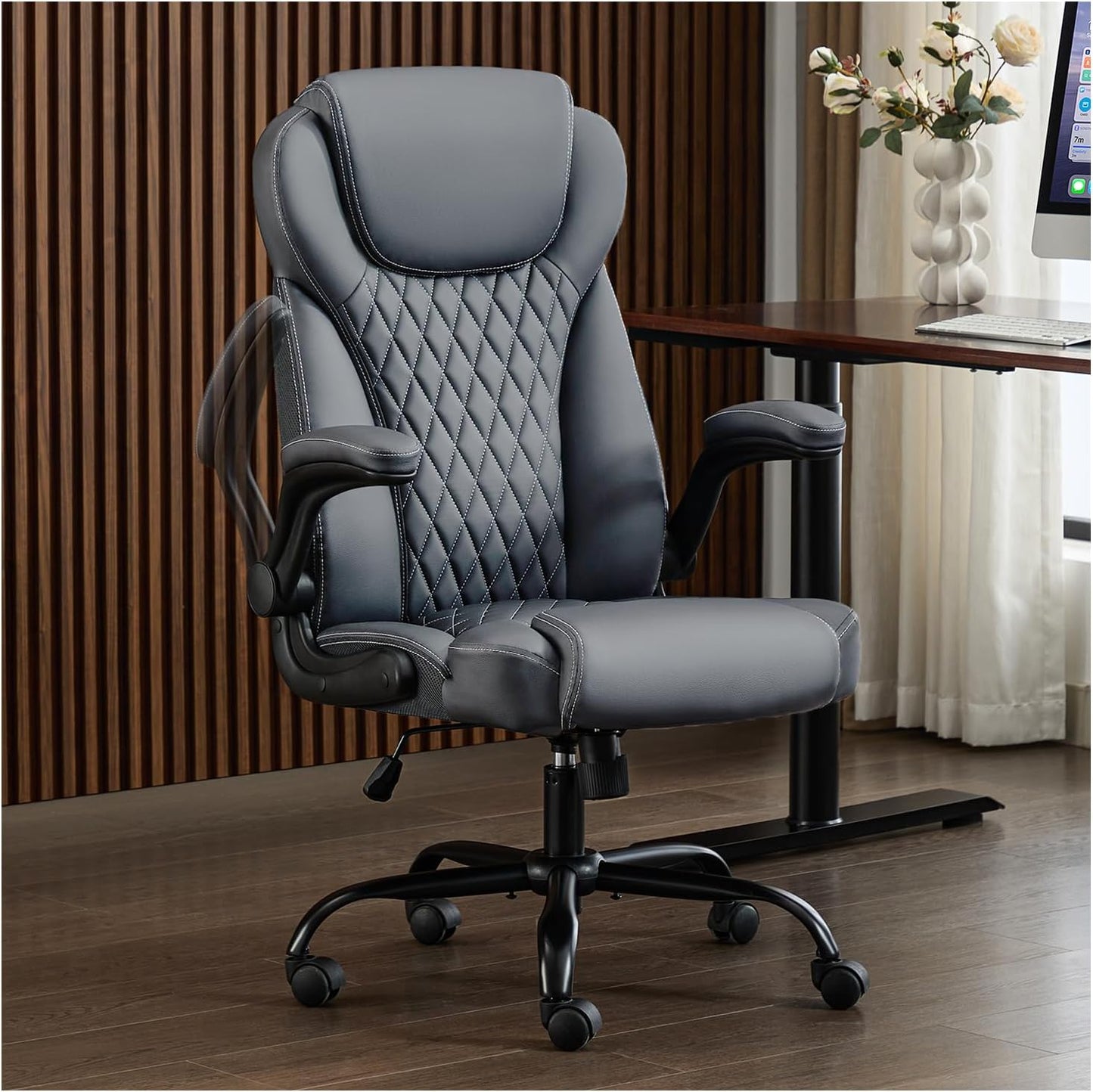 Ergonomic Leather Office Chair with Adjustable Flip-Up Arms