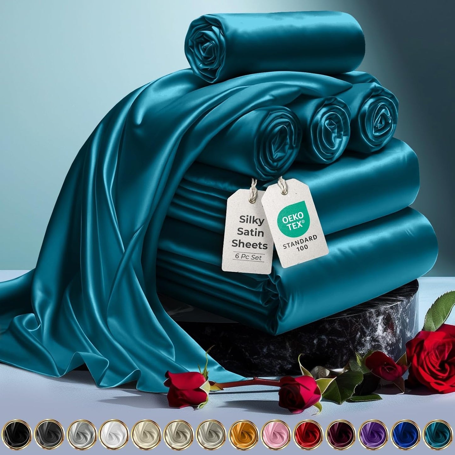 DECOLURE Satin Bed Sheets - Luxury Silky Queen Size Set