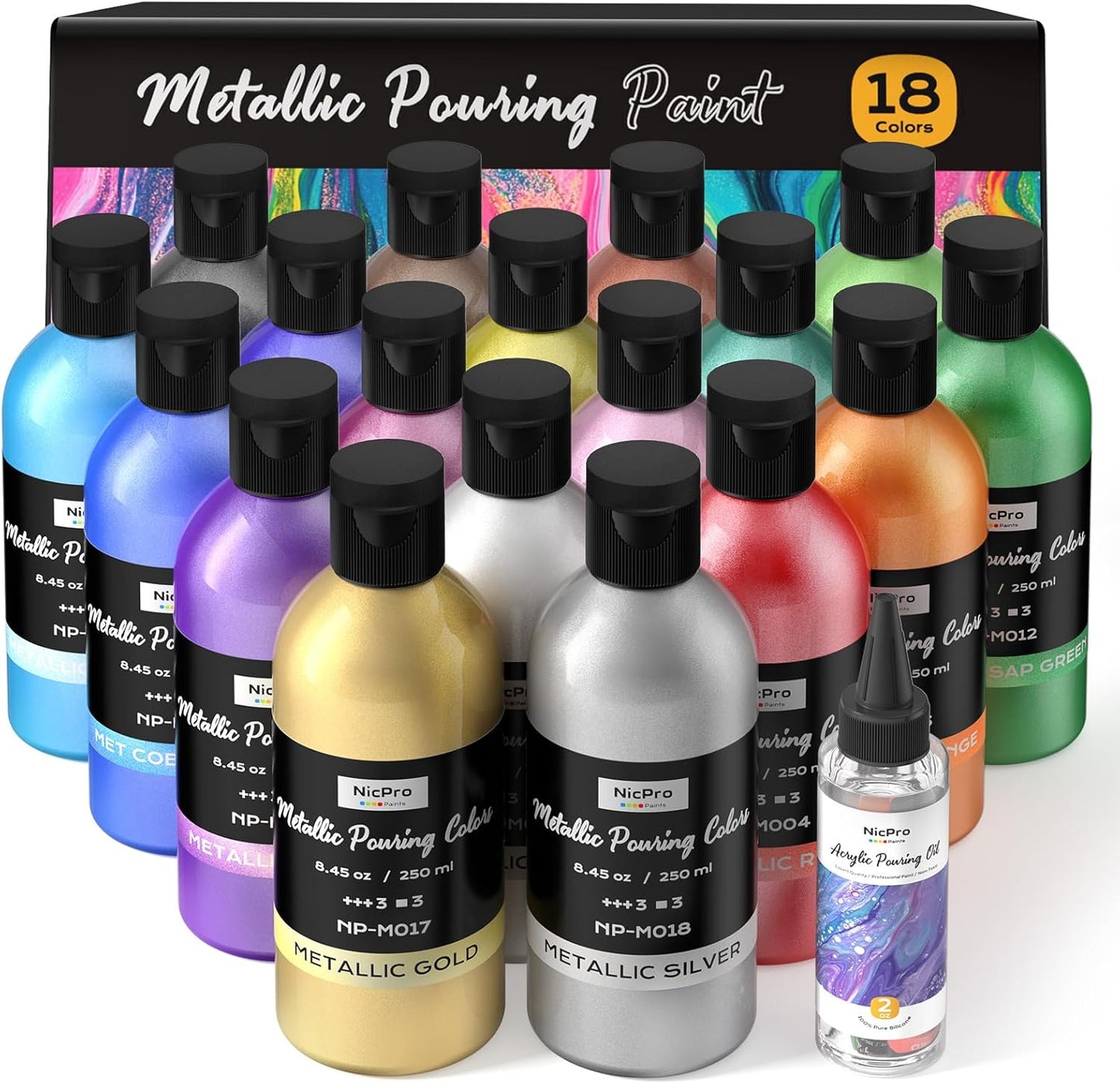 Nicpro 18 Colors Metallic Acrylic Pour Paint Kit for DIY Art