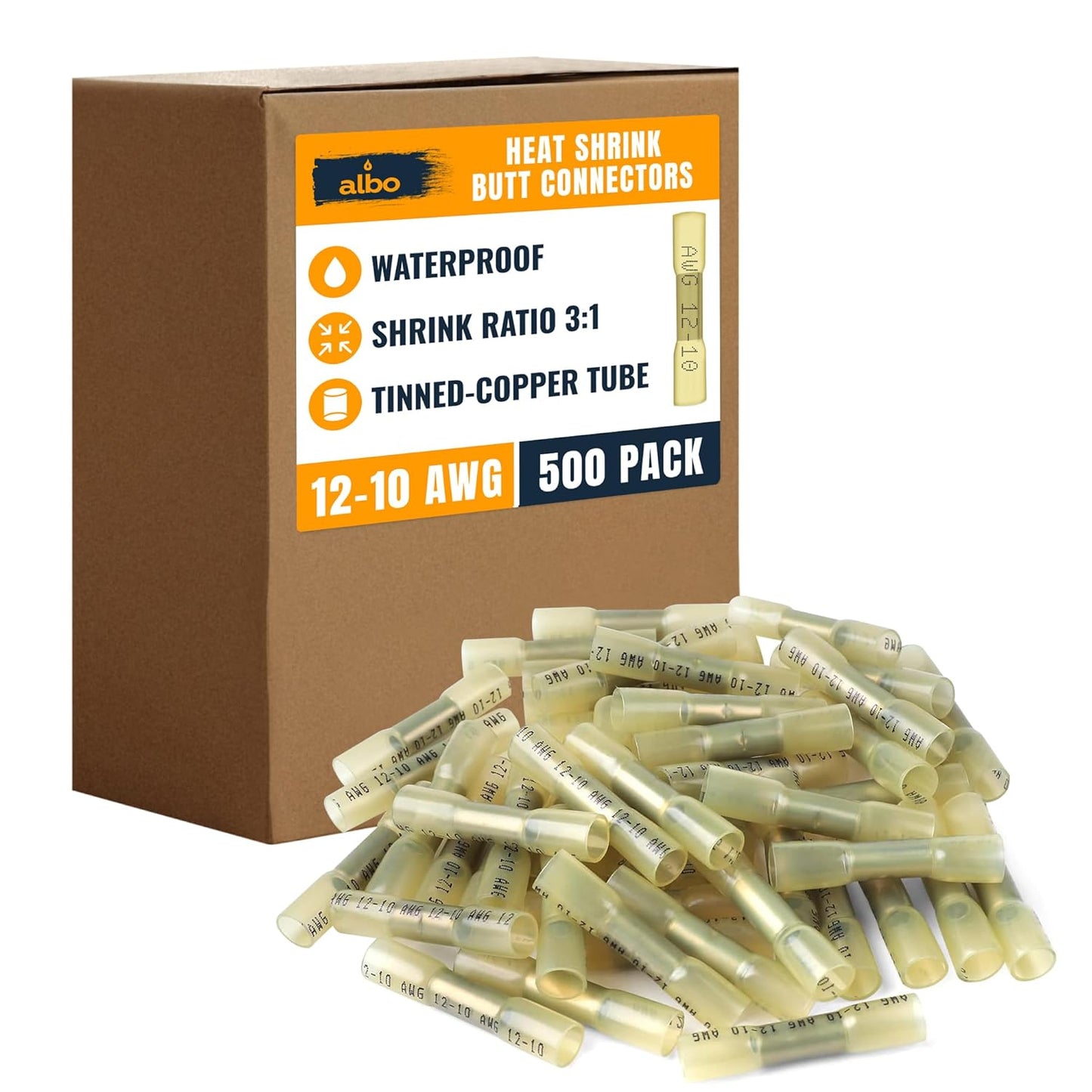 ALBO 500PCS 12-10 AWG Heat Shrink Butt Connectors for Wiring