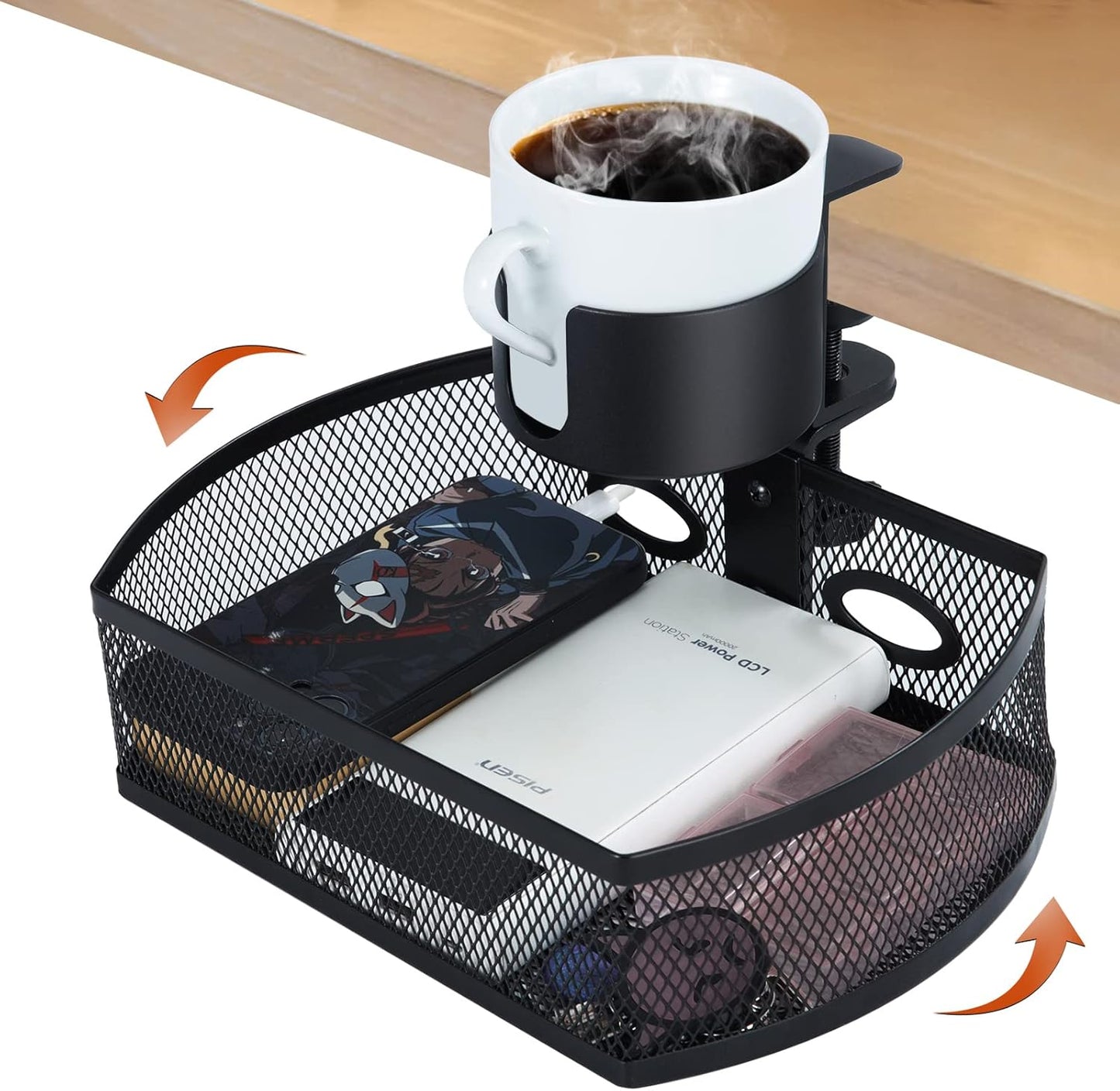 MASTLU Under Desk Organizer with Cup Holder and Storage Tray
