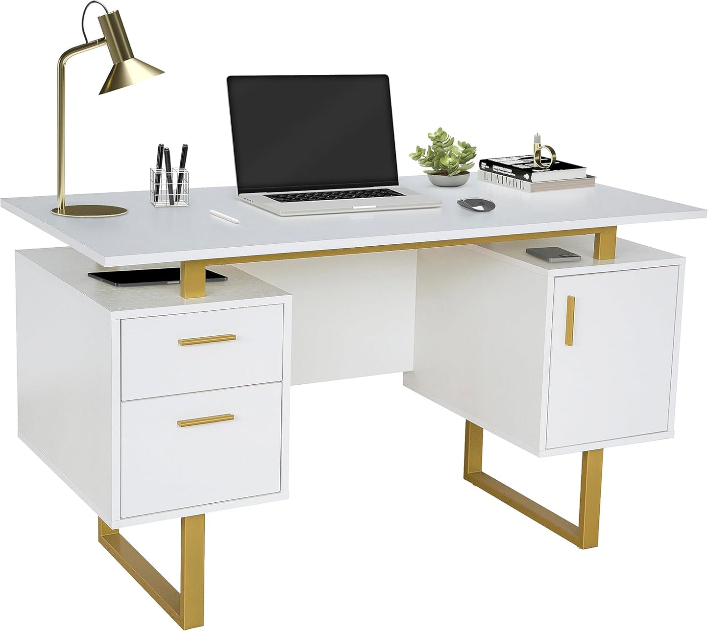 Modern Office Desk with Large Storage - White/Gold