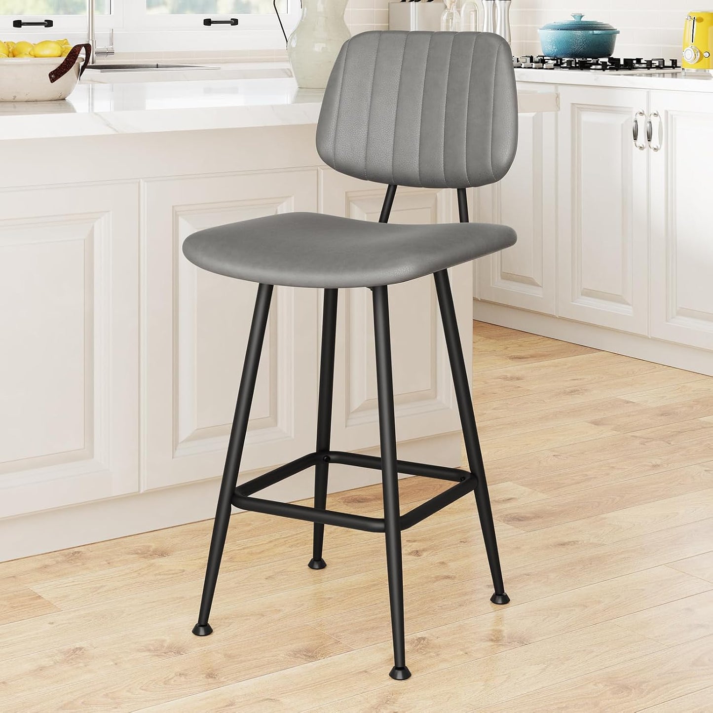 24-Inch Leather Bar Stools with High Backrest for Comfort