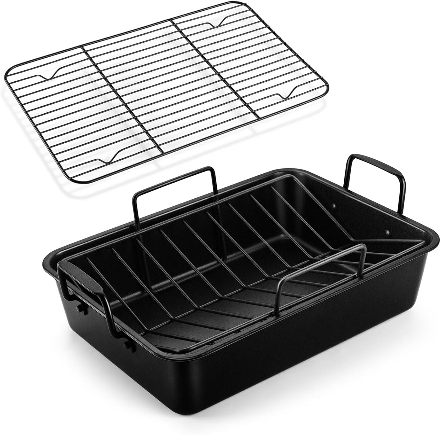 TeamFar 16in Nonstick Deep Roasting Pan with V-Shaped Rack Set