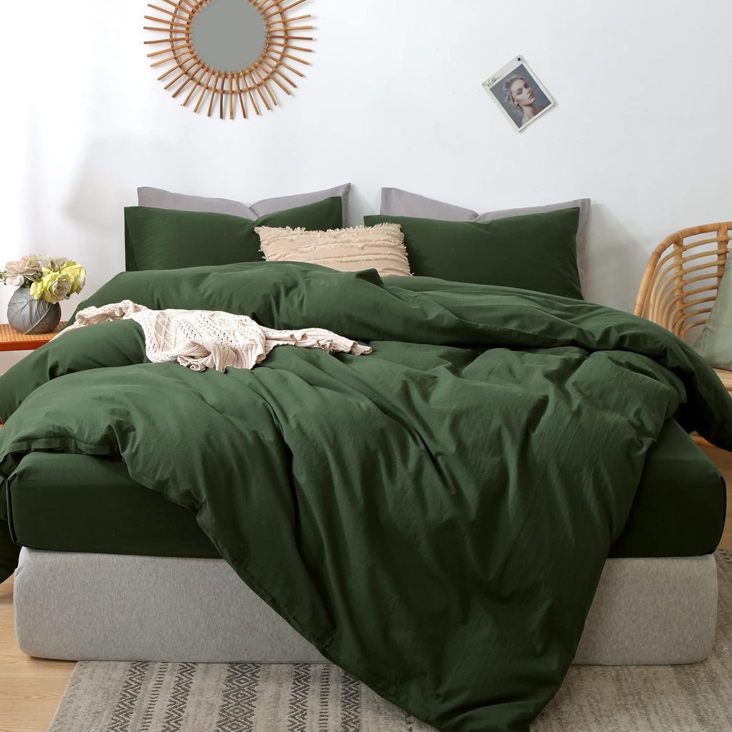 MooMee Bedding Duvet Cover Set in Solid Forest Green for Comfort