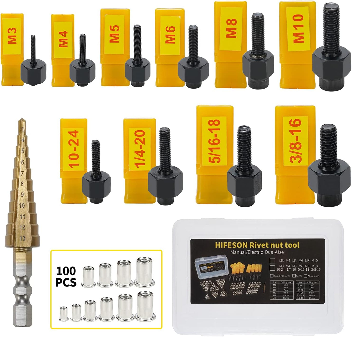HIFESON Rivet Nut Tool for Metric and SAE with Step Drill Accessory