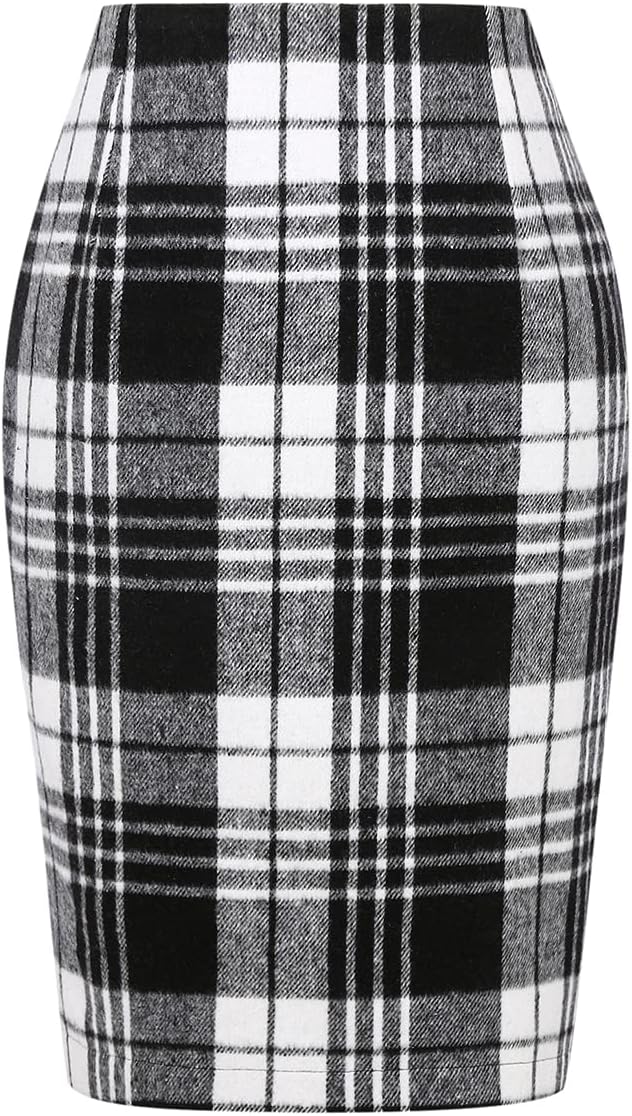 Plaid Skirts for Women Fall Winter Knee Length Pencil Wool Skirt