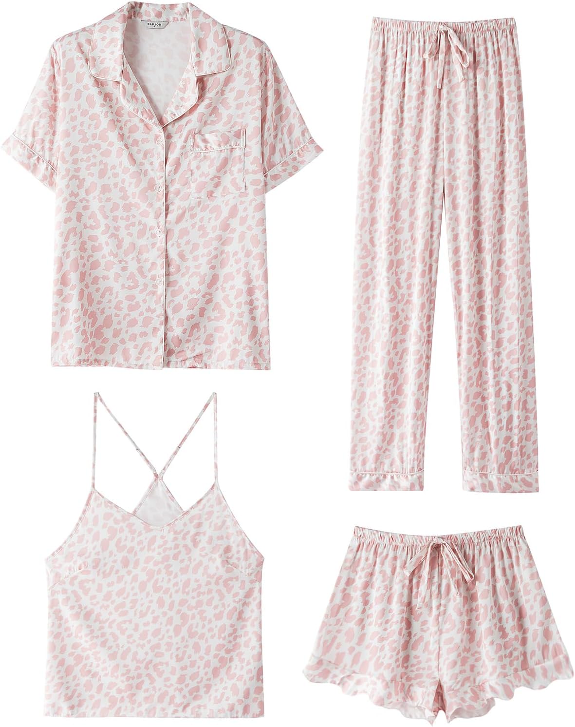 SAPJON Silk Pajamas for Women Set 4Pcs Ruffled Satin Sleepwear