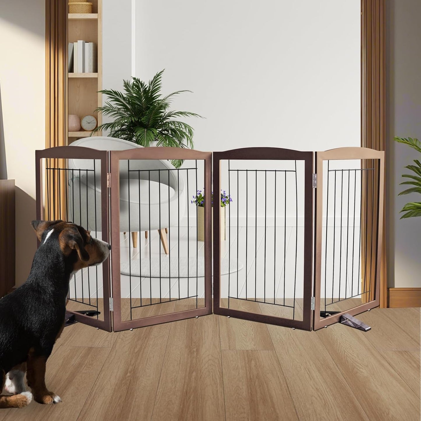 ZJSF Freestanding Dog Fence Indoor - Sturdy Wood Extra Wide Gate