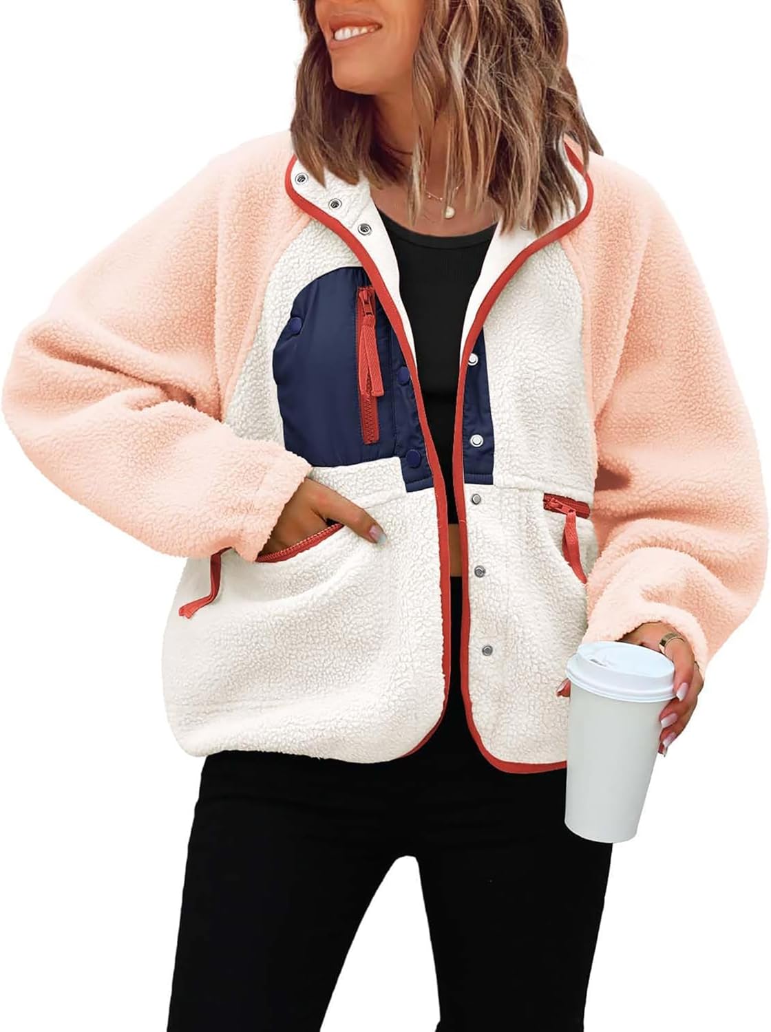 ReachMe Womens Sherpa Jacket Casual Fuzzy Fleece Winter Coat