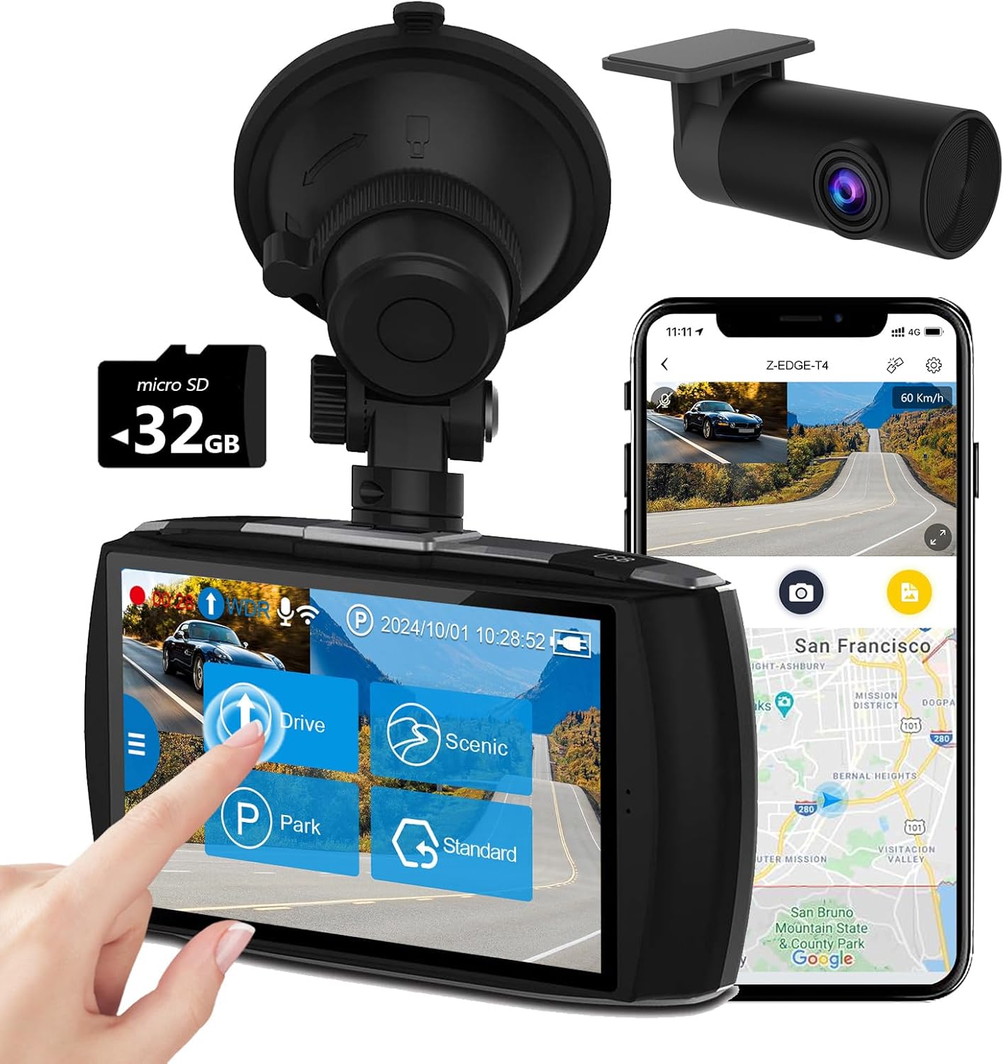 Z-Edge T4 4K Dual Dash Cam: WiFi, Night Vision