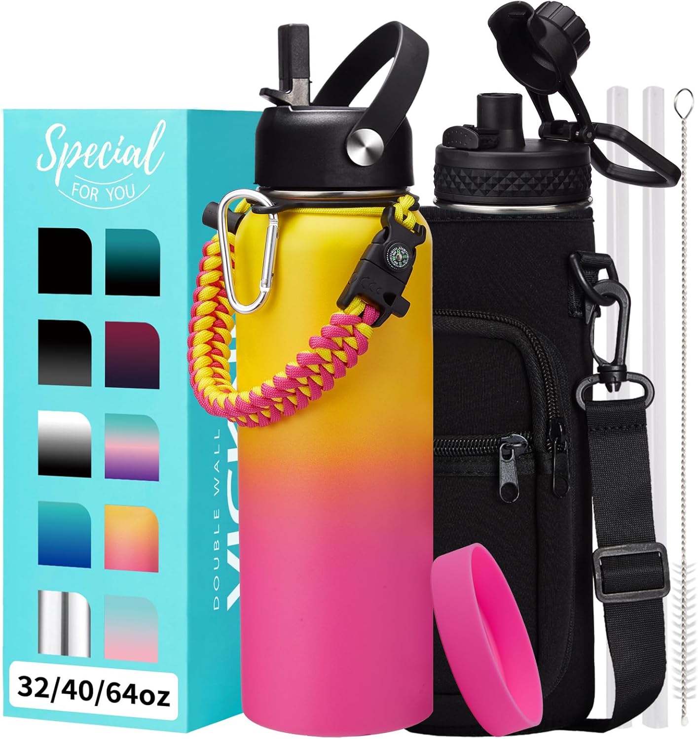 40 oz Insulated Water Bottle with Straw and Accessories Included