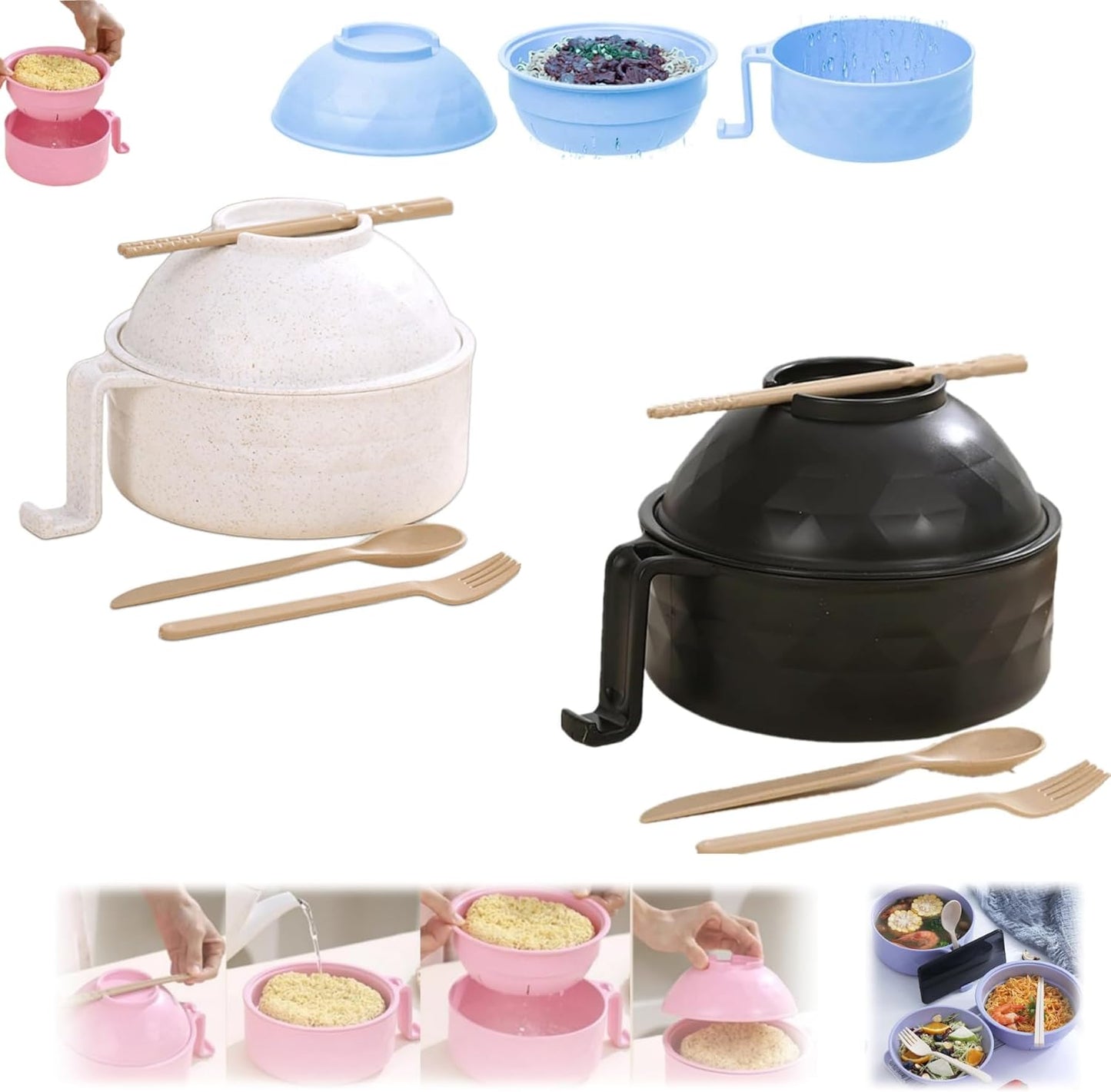 Quick Ramen Fix: Microwave Bowl Set - Strainer, Chopsticks