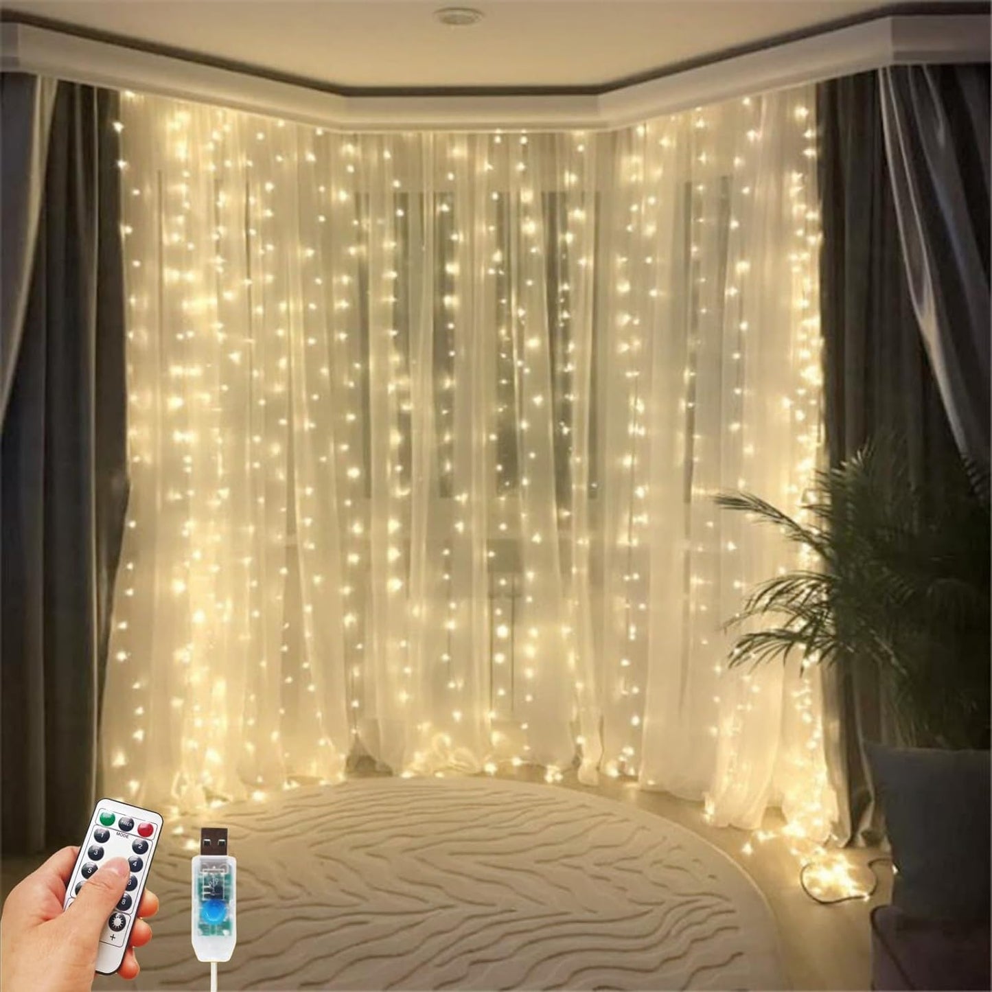 HOLITS 300 LED Curtain Lights- Remote Controlled, 8 Modes, USB Plug - Ideal for Christmas, Weddings, Parties!