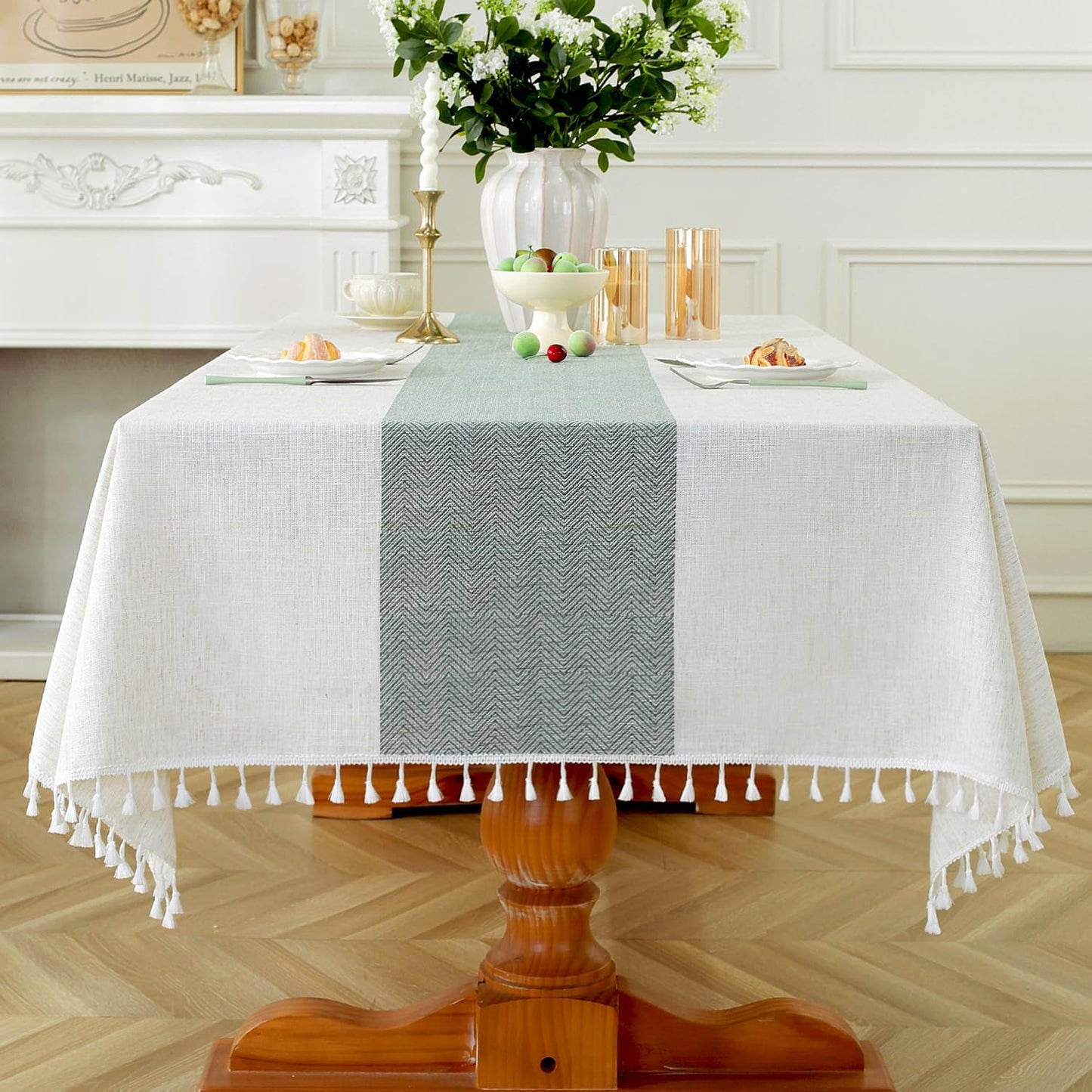 Laolitou Rectangle Tablecloth for Dining Table - Rustic Green Stripe