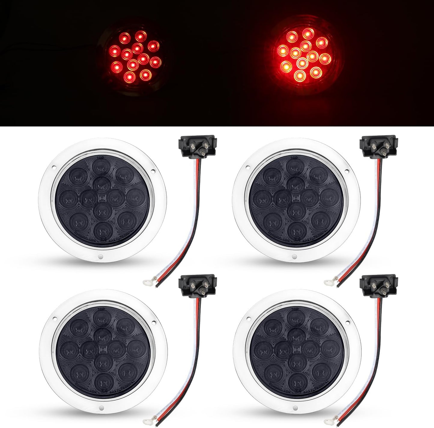 TMH 4 Pcs 4 Inch Smoked Lens Red LED Tail Lights for Trailers