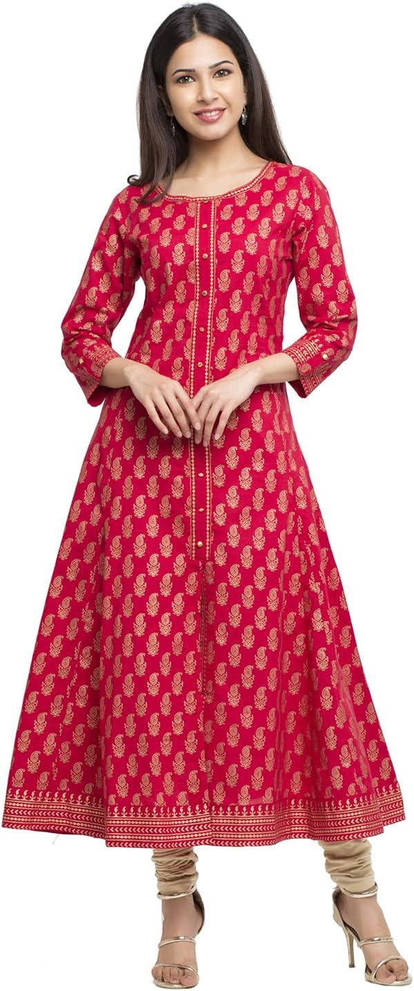 Elegant Indian Tunic Cotton Gold Print Anarkali Kurtis for Women