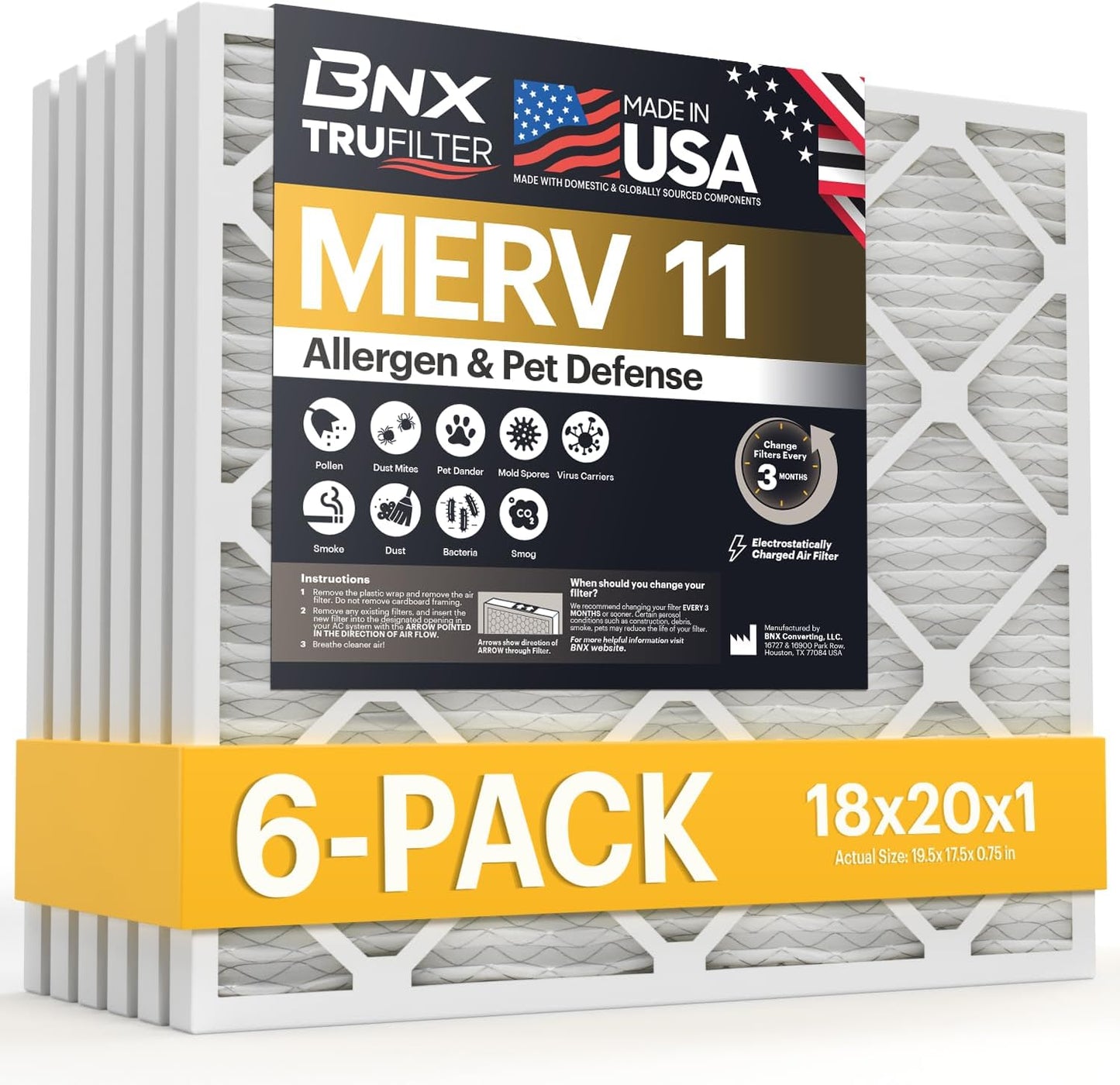 BNX TruFilter 18x20x1 Air Filter MERV 11 for Cleaner Air
