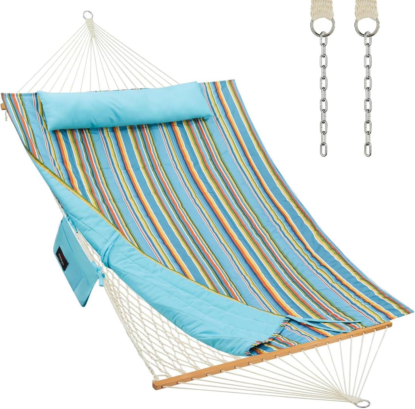 Outdoor Double Hammock with Hardwood Spreader Bars for Comfort