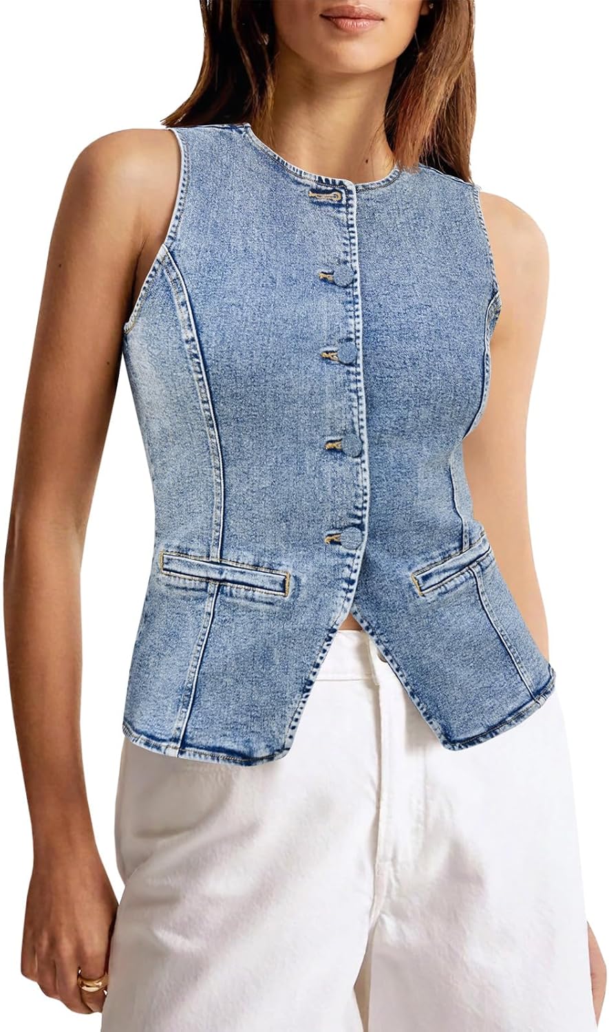Trendy Womens Button Down Denim Vest Tops for Summer Style