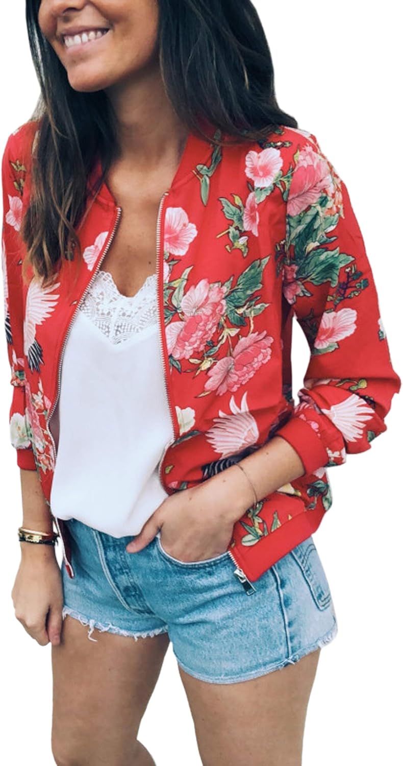 ECOWISH Women's Casual Floral Zip Up Bomber Jacket Coat