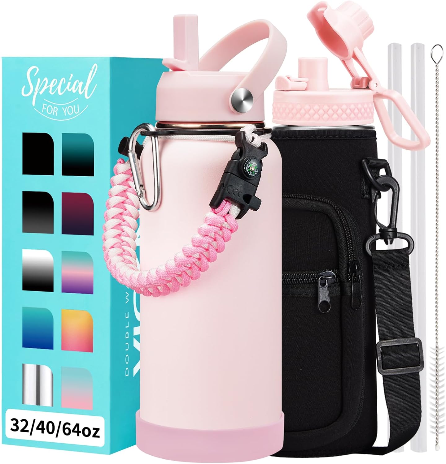 32 Oz Insulated Water Bottle with Straw and Accessories Included