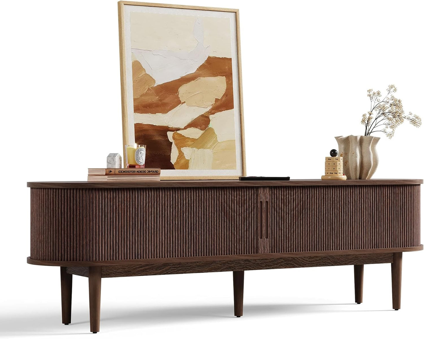 Mid-Century Modern TV Stand for 75 TV, Sliding Tambour Door, Walnut