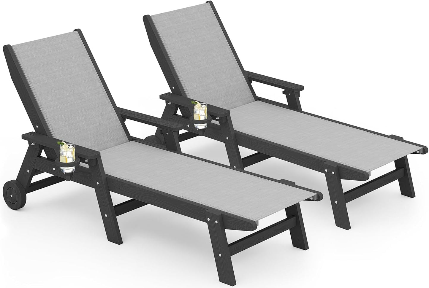 Textilene Patio Chaise Lounge Chair Set of 2 with Wheels for Outdoor
