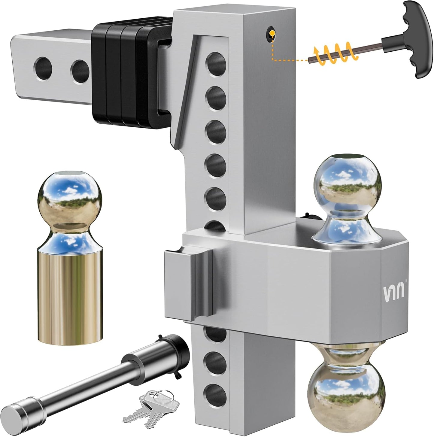 VNN Adjustable Trailer Hitch with 10 Inch Drop and Tri-Balls