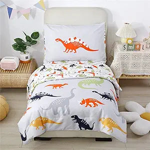 URBONUR 4-Piece Toddler Bedding Set with Cartoon Dinosaur Print