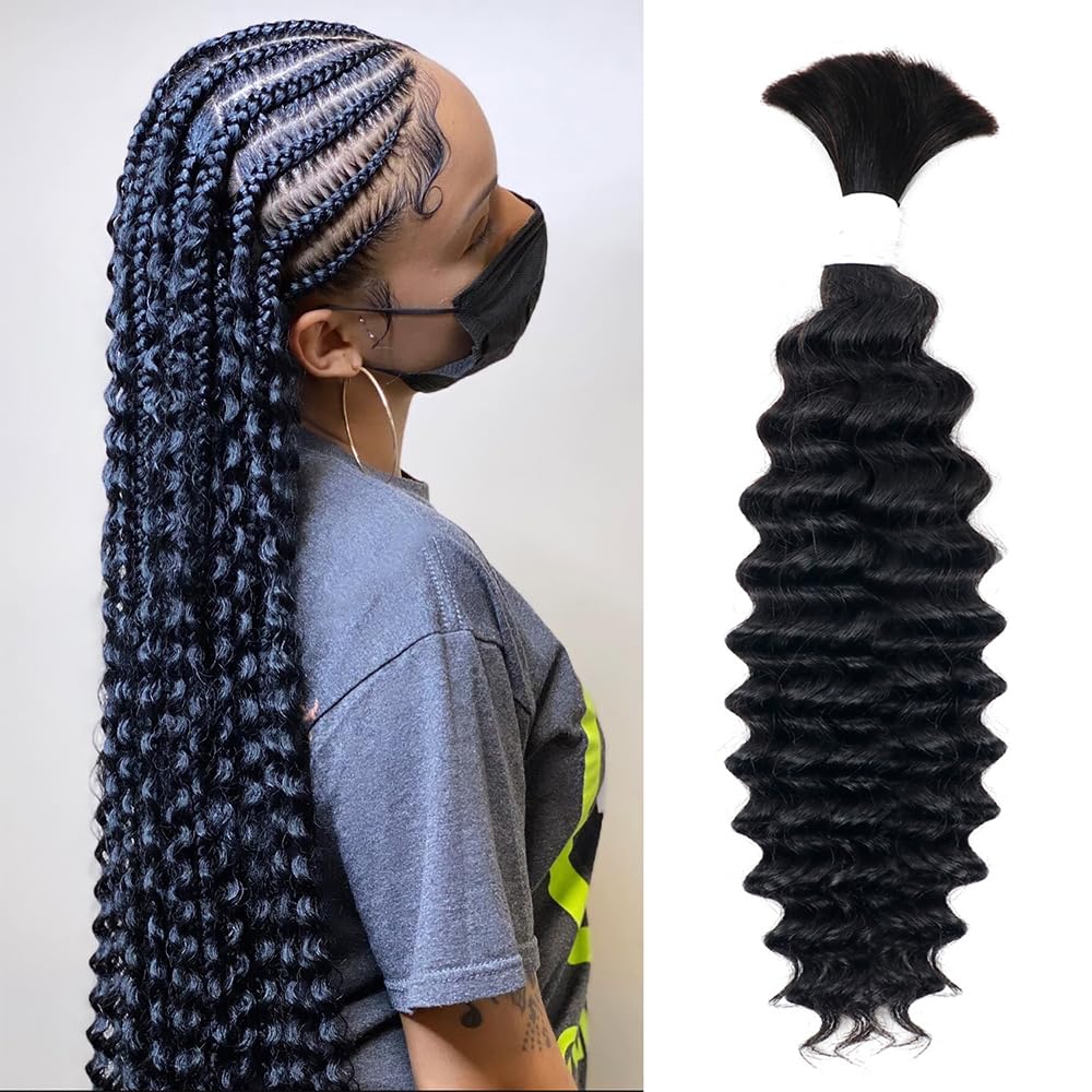 Natural Black Deep Wave Curly Human Braiding Hair 24 Inch