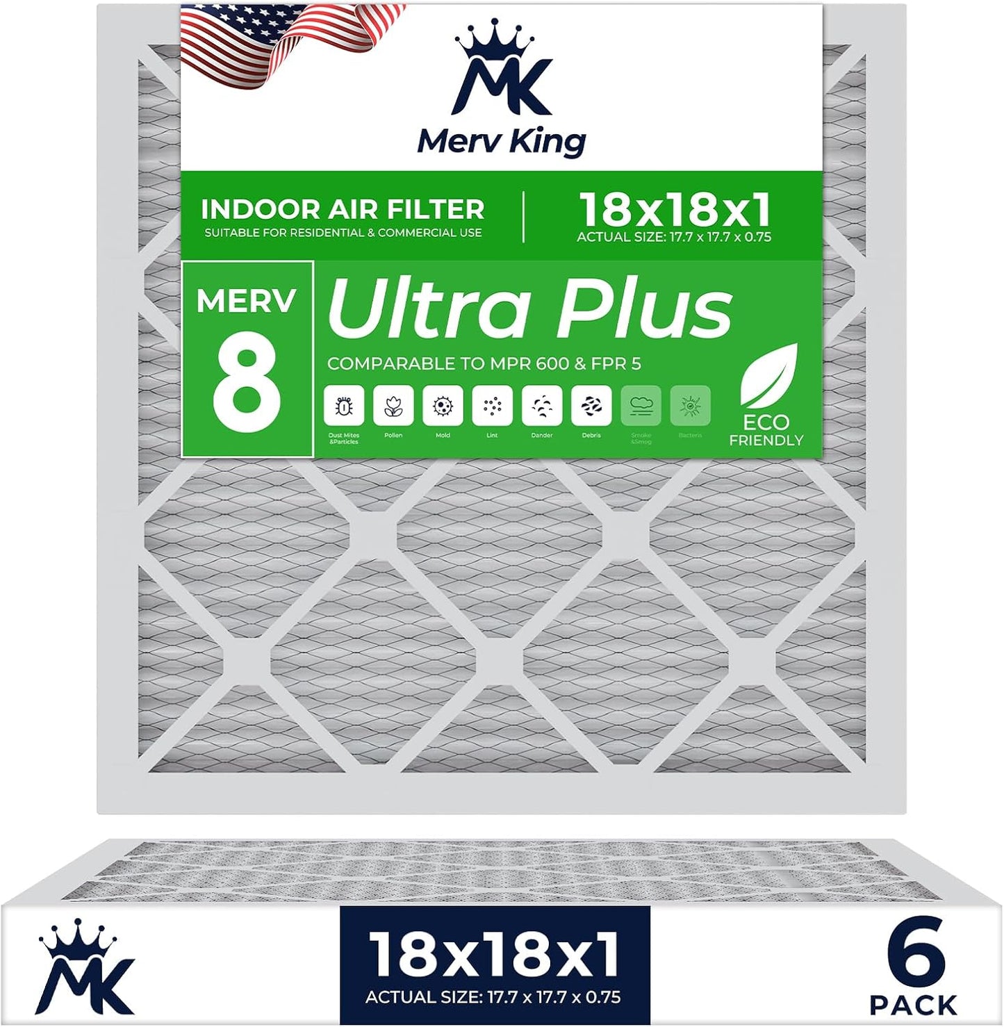 MervKing 18x18x1 Air Filter - MERV 8 Pleated HVAC Replacement