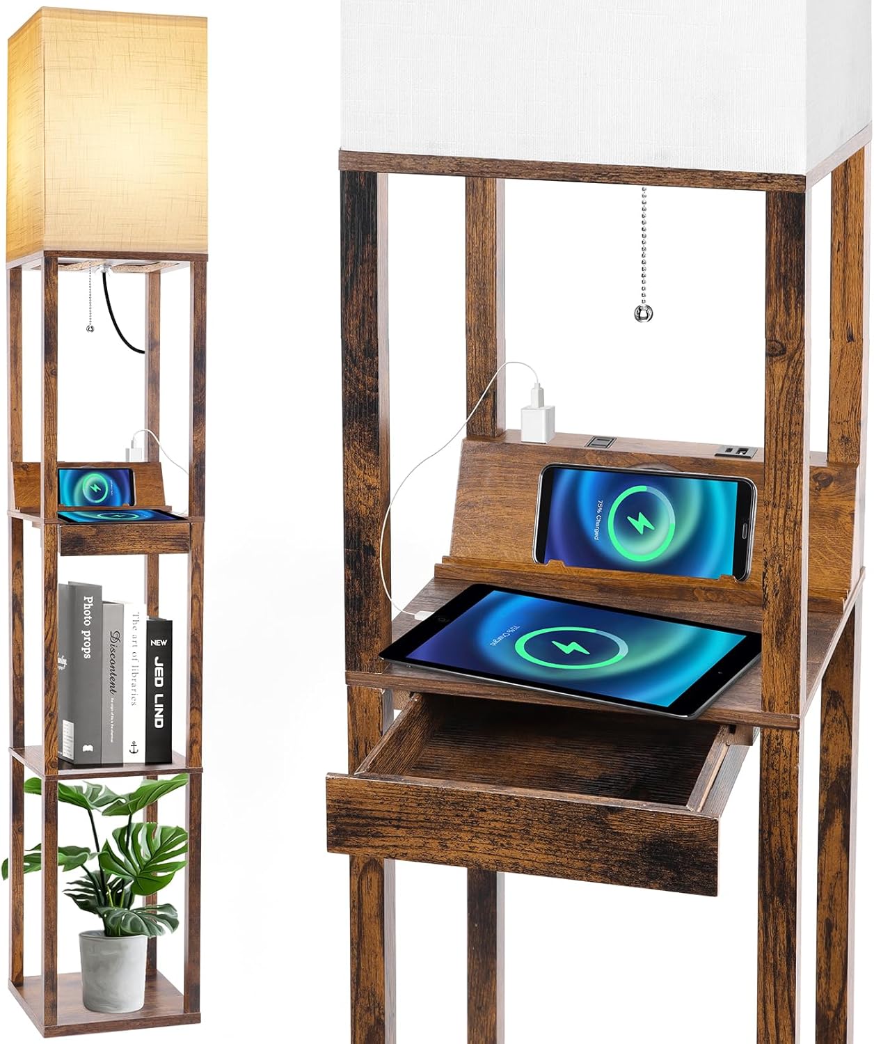 RUNTOP Floor Lamp with Shelves and Wireless Charging Station
