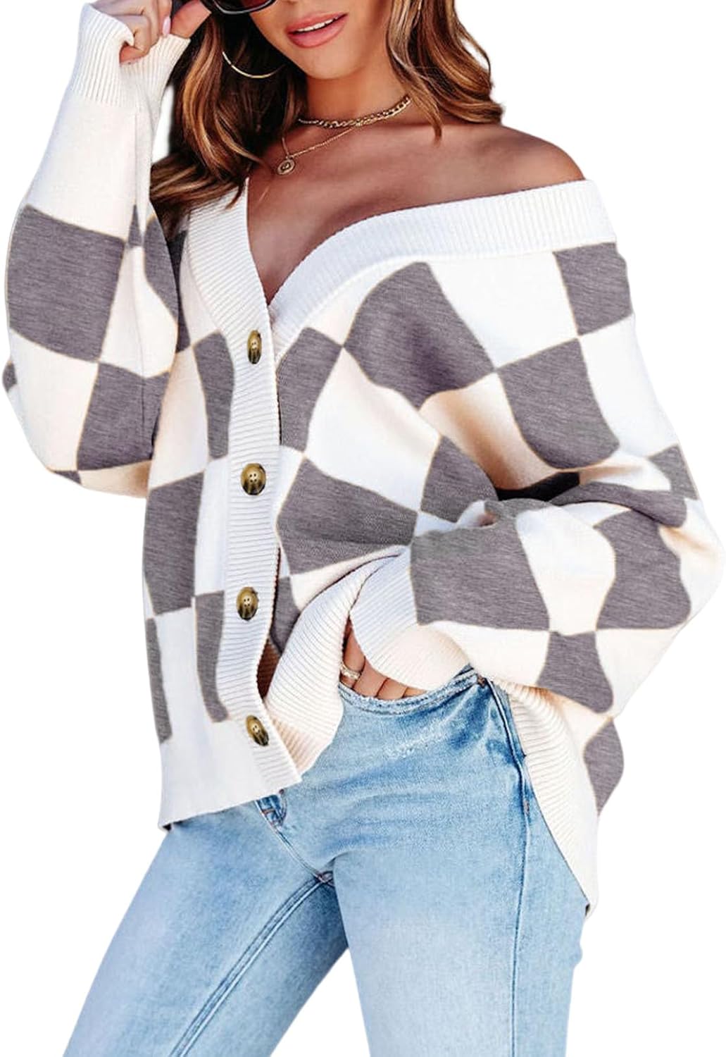 Stylish Plaid V Neck Button Down Oversized Cardigan Sweater