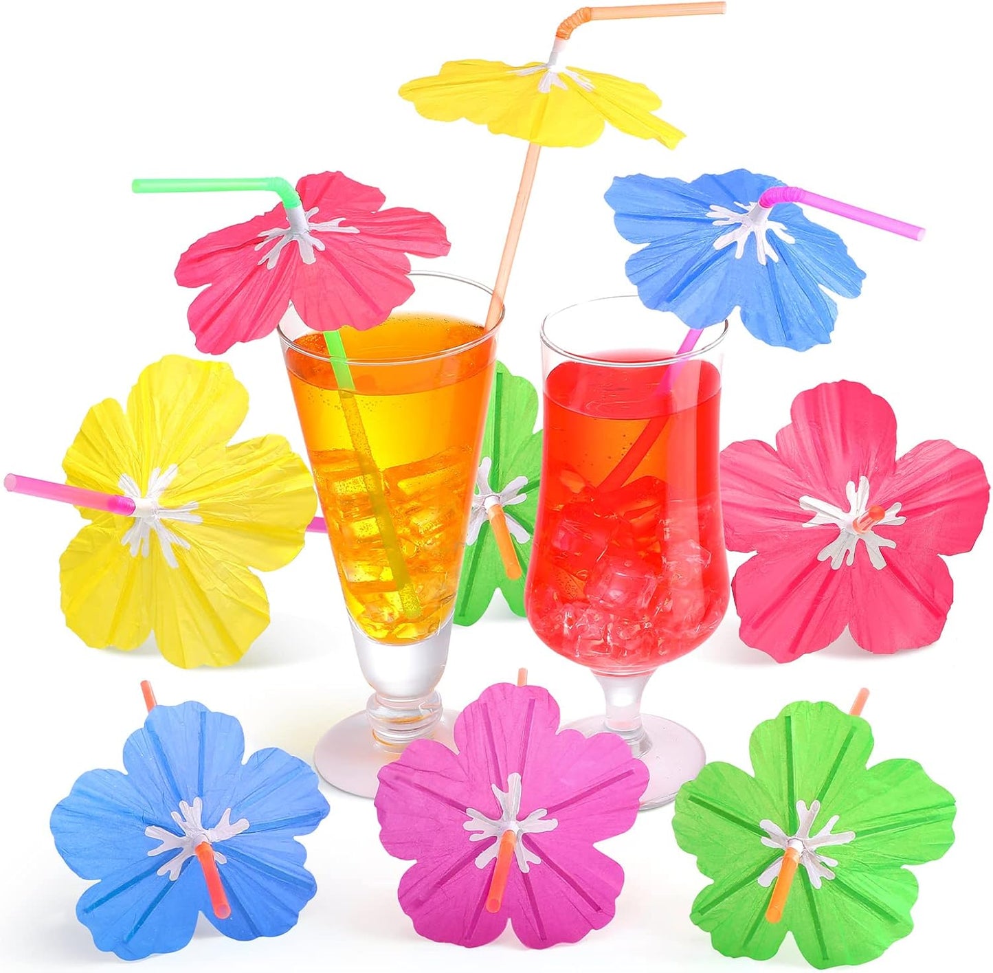 Colorful Hibiscus Umbrella Straws - Luau Party Essential!