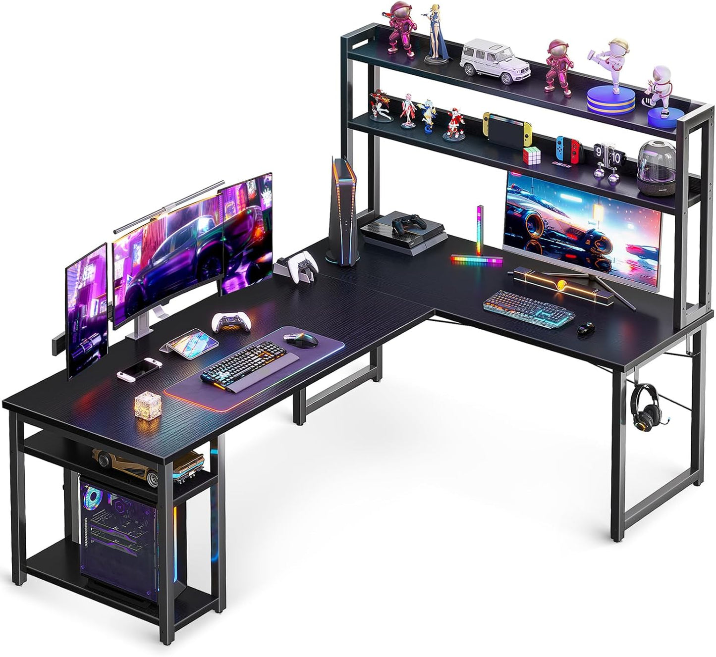 Space-Saving Gaming Desk with Storage Shelves