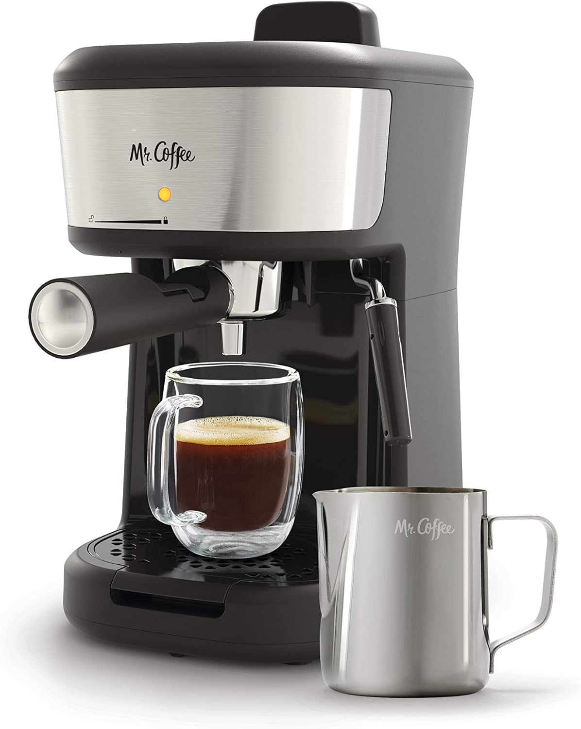 Mr. Coffee Single Serve Espresso Maker, Milk Frother, 20oz, Stainless Steel