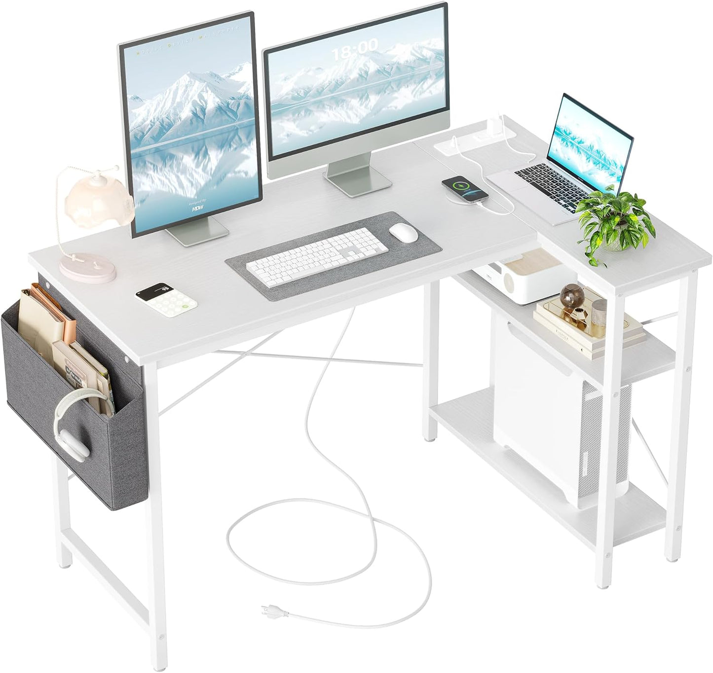 TIQLAB L Shaped Computer Desk with Power Outlets for Home Office