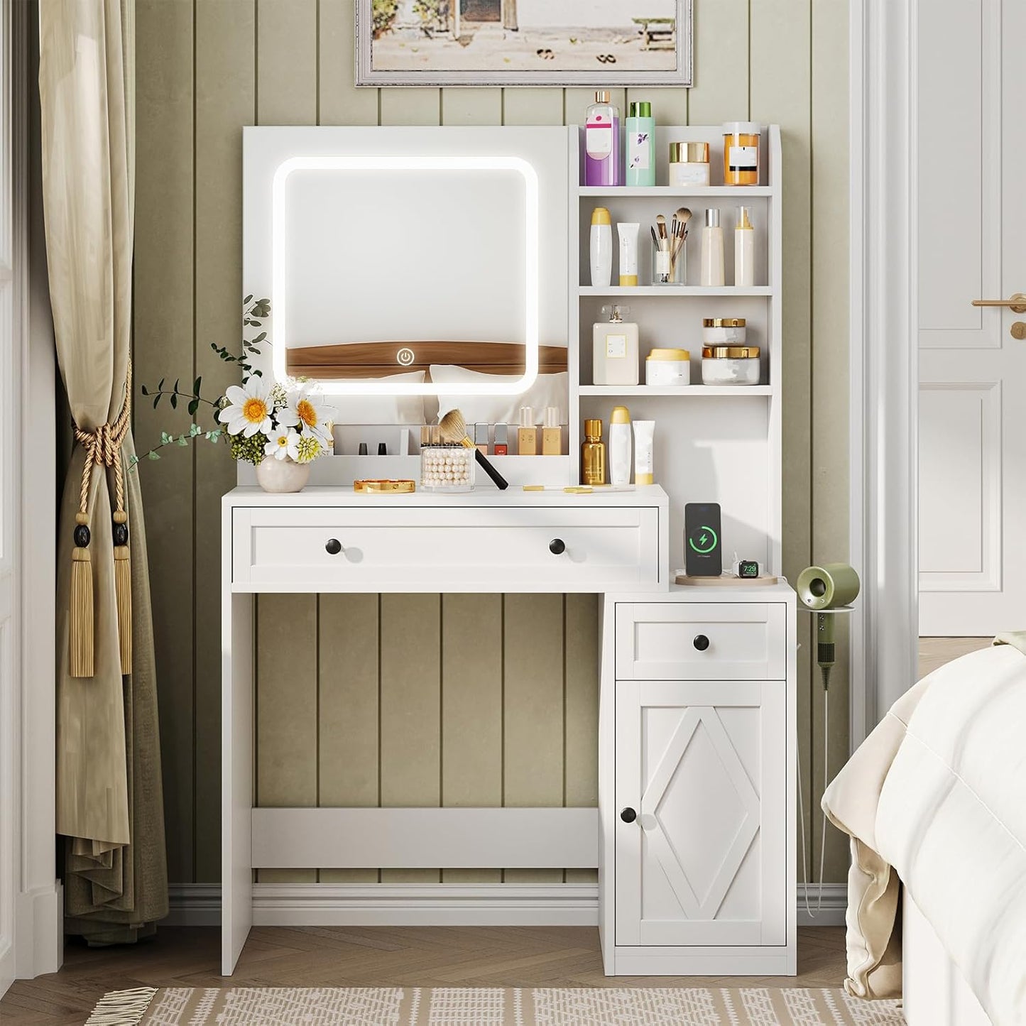 Farmhouse Vanity Desk with Mirror & Lights - 3 Color Modes, Power Outlet