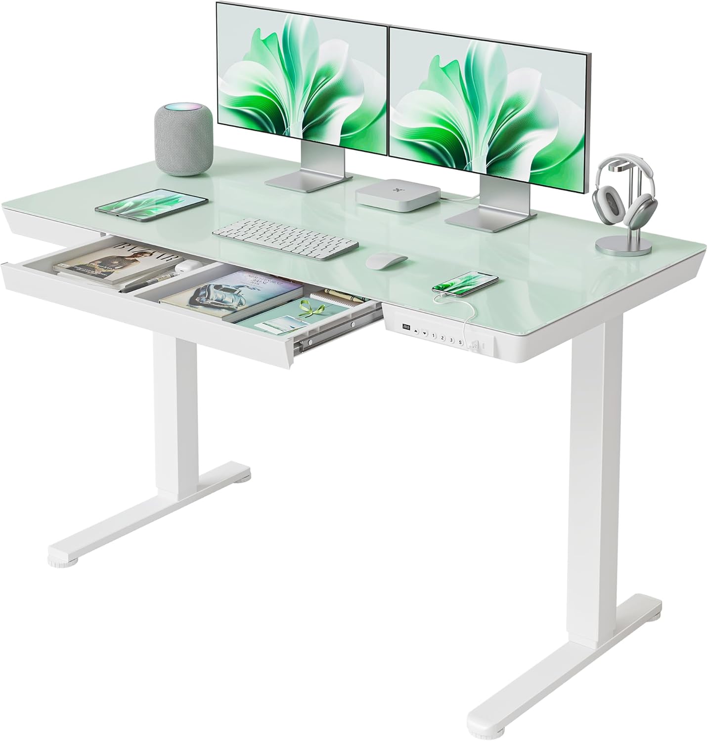 FEZIBO Glass Electric Standing Desk: Quick Install, Adjustable Height