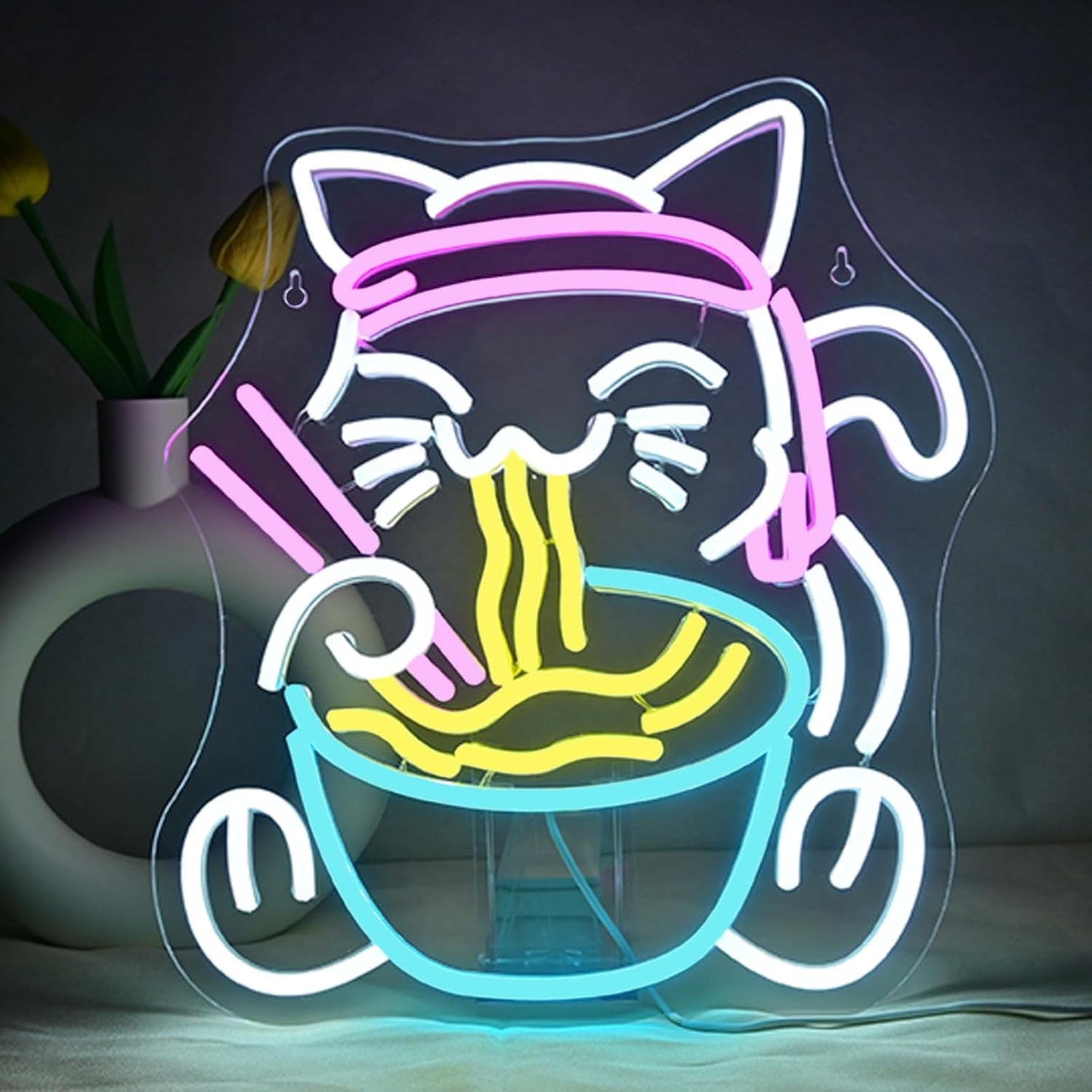 JURONG Fortune Cat Ramen Neon Signs for Unique Wall Decor