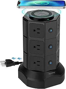 Power Strip Tower with 15W Magnetic Wireless Charger for Home